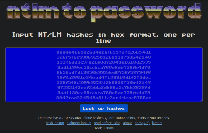 Ntlm pw hash to password lookup
